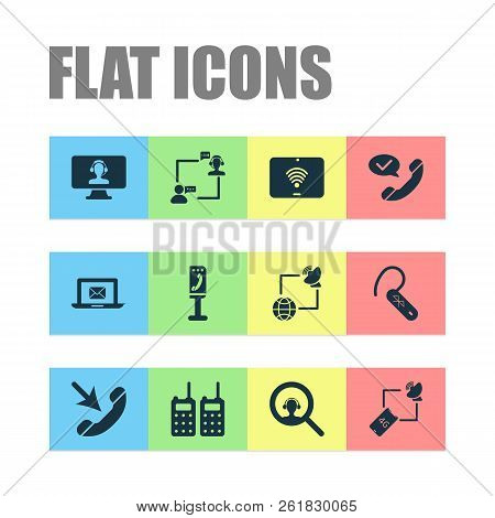 Telecommunication Icons Set With Talking, Internet, Tablet Wifi And Other Assistance Elements. Isola
