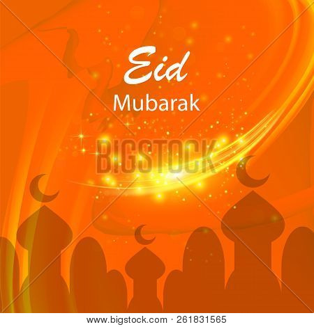 Happy Eid Mubarak Islamic Design On Orange Starry Sky Background