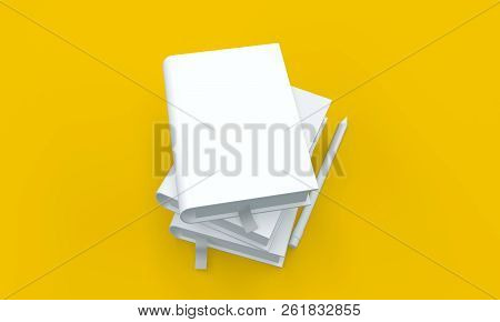 3d Rendering,set Of White Books And Pen  Blank Mockups On Isolated Yellow Background