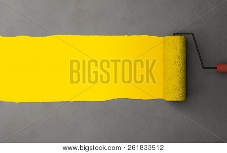 3d Yellow Color Painting By The Roller Brush And Wall Texture Background With Space For Advertising 