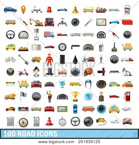 100 Road Icons Set In Cartoon Style For Any Design Illustration