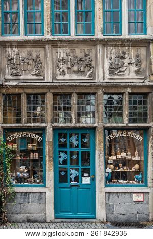 Ghent, Belgium - September 23, 2018: Historic Temmerman Candy Store In Kraanlei. Azure Window Frames