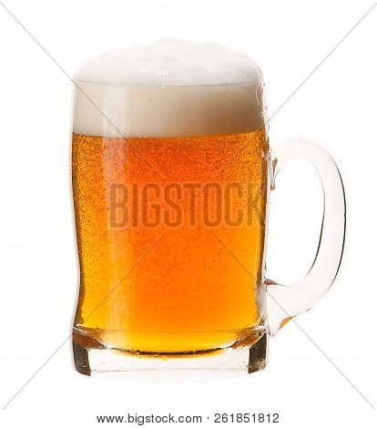Cold Mug Of Beer With Medium Foam Isolated On White Background