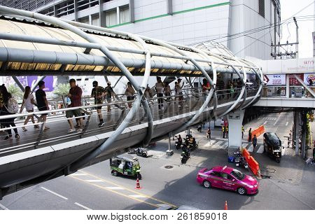 Thai People And Foreigners Walking Crossover Petchburi Road On Walkway Overpass From Pratunam Market