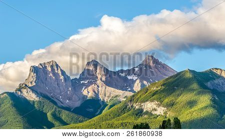 Morning View At The Three Sisters Mountains From Canmore - Canada