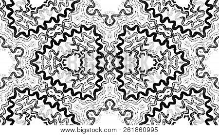 Dark Black And White Geometric Watercolor. Decent Seamless Pattern. Hand Drawn Stripes. Brush Textur