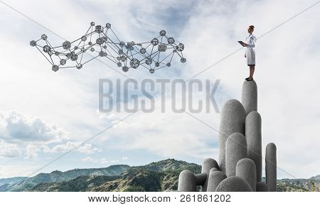 Young Female Doctor With Folder In Hands Satnding On Stone Column. 3d Rendering