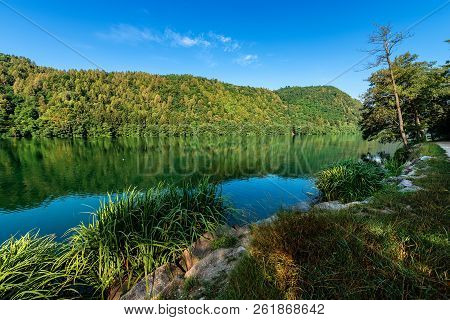 Lago Di Levico (lake) With Mountain And Forest, Levico Terme, Italy, Europe