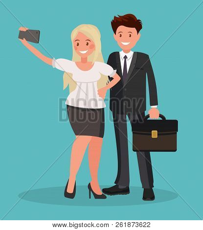 Selfie Office Workers. Girl And Guy Photographed. Vector Illustration.