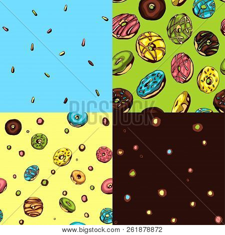 Four Seamless Donut Patterns. Vector Hand Drawned With Bright Colors. Sweet And Glazed.