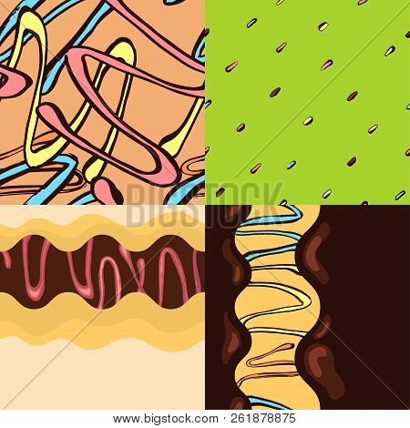 Four Seamless Donut Patterns. Vector Hand Drawned With Bright Colors. Sweet And Glazed.