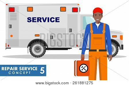 Repair Service Concept. Detailed Illustration Of Service Machine And Repairer On White Background In