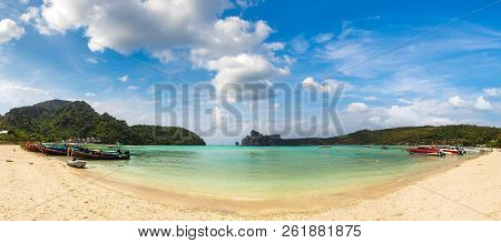 Panorama Of Traditional Thai Longtail Boat At Log Dalum Beach On Phi Phi Don Island, Thailand In A S