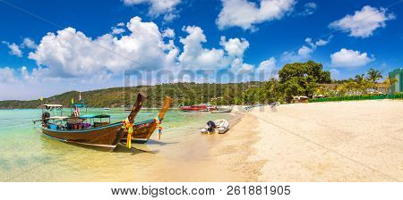 Panorama Of Traditional Thai Longtail Boat At Log Dalum Beach On Phi Phi Don Island, Thailand In A S