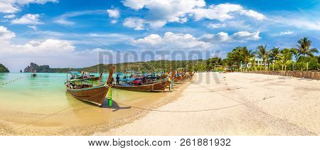 Panorama Of Traditional Thai Longtail Boat At Log Dalum Beach On Phi Phi Don Island, Thailand In A S