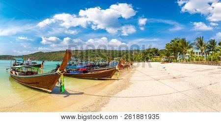Panorama Of Traditional Thai Longtail Boat At Log Dalum Beach On Phi Phi Don Island, Thailand In A S