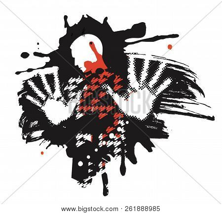 Victim Of Violence. Grunge Stylized Male Silhouette.heavily Wounded Man With Arms In Defensive Posit