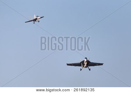 Avalon, Australia - March 1, 2013: Two Royal Australian Air Force (raaf) Boeing F/a-18f Super Hornet