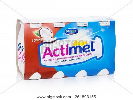 London, Uk - October 05, 2018: Pack Of Actimel Probiotic Yogurt Type Drink With Coconut Flavour. Pro