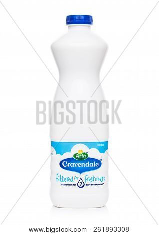London, Uk - October 05, 2018: Plastic Bottle Of Arla Cravendale Whole Milk Blue Label On White.