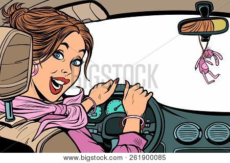 Beautiful Woman Driver In Car. Isolate On A White Background. Inside View Of The Cabin. Comic Cartoo
