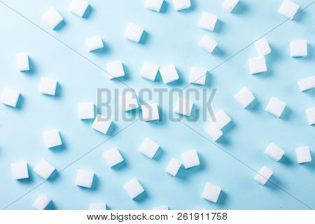 Sugar Cubes On Blue Background, Flat Lay Scene