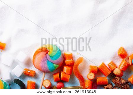 Sweets And Candies With Sugar, Flat Lay With Copy Space