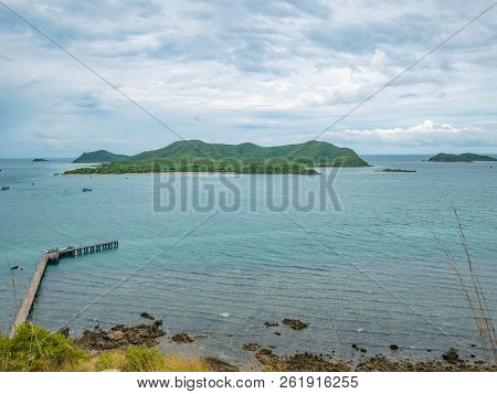 Viewpoint Of Khao Ma Jor Pier With Idyllic Ocean Samae San Island And Rainy Cloud Sky,chonburi Thail