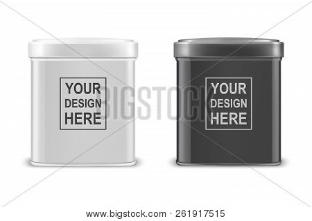 Vector Realistic 3d White And Black Blank Metal Aluminium Tea Tin Can Container With Cap Rectangular