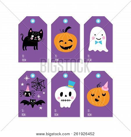 Halloween Holiday Cute Gift Tags And Lebels Set. Childish Print. Vector Illustration