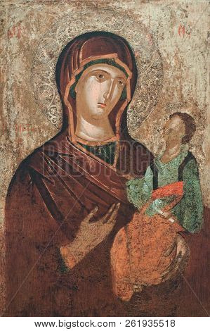 Vasaras, Greece - March 17, 2018: Ancient Painting - Mary With Child From The Church Of Saint John