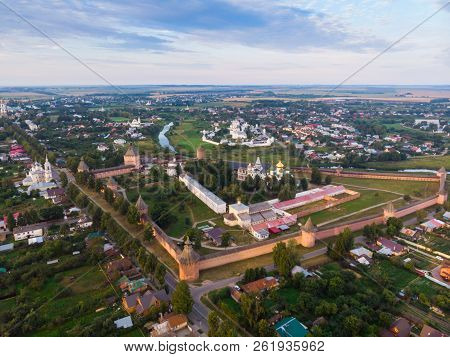 Scenic Panoramic View Of Suzdal, Russia. St Euthymius Monastery At The Small River. Suzdal Is A Famo