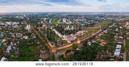 Scenic Panoramic View Of Suzdal, Russia. St Euthymius Monastery At The Small River. Suzdal Is A Famo