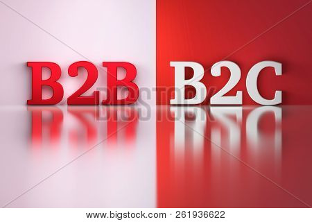 B2b And B2c Words In White And Red Colors On The Red And White Reflective Background. 3d Illustratio