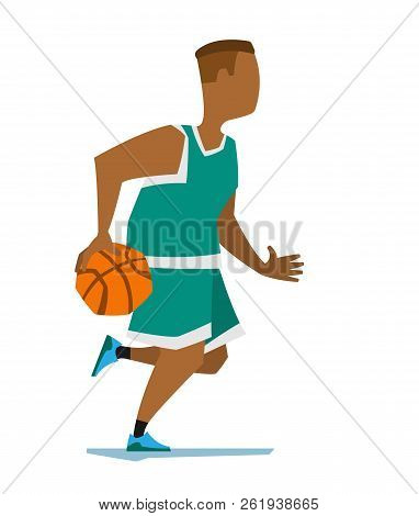 Running Basketball Player With The Ball. Vector Illustration Of A Black Player In Green Uniform.