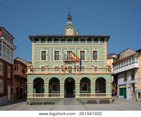 Tineo, Spain - August 21, 2018: Town Hall In The City Center Of Tineo During Summer Evening On Augus
