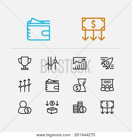 Investment Icons Set. Time Money And Investment Icons With Staff Training, Stock And Competition. Se