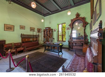 Cairo, Egypt - August 26 2018: Historical Manial Palace Of Prince Mohammed Ali. Ceremonies Room With