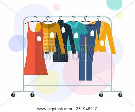 Flat Design Vector Illistration Of Clothes On Hangers With Labels And Tags. Shopping Sale Vtctor Con