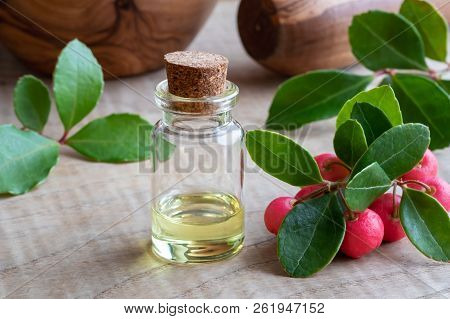 A Bottle Of Essential Oil With Wintergreen Leaves And Berries On A Wooden Table