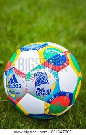 Moscow, Russia, October 7, 2018: Adidas Uefa Nations League, Official Match Ball Glider On The Grass