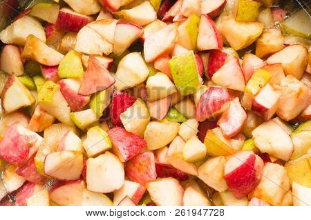 Apple And Pears Pieces, Sugar And Syrup In Pan, Ready For Boiling. Homemade Red Apple And Pears Jam,