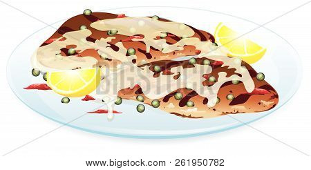 Illustration Of Chicken Piccata With Chicken, Lemons, Capers, And Sauce