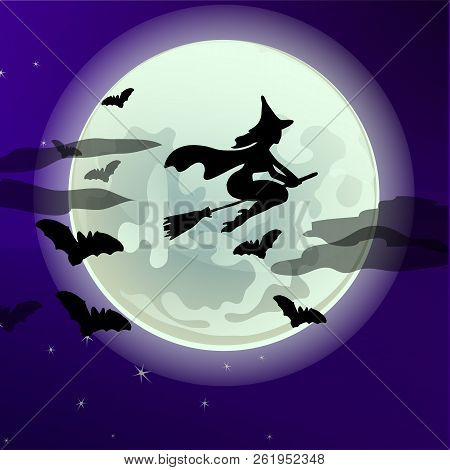 Poster On Theme Of Halloween Holiday Party Or Greeting Card With Silhouette Of A Witch Flying On A B