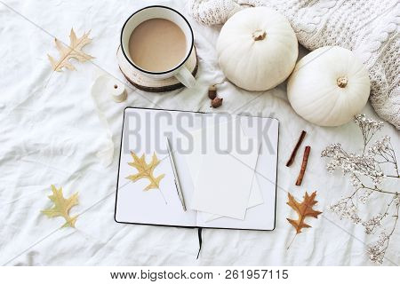 Autumn Breakfast In Bed Composition. Blank Cards, Notebook Mockup. Cup Of Coffee, White Pumpkins, Sw