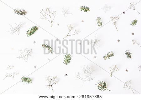 Christmas Floral Pattern. Winter Composition Of Green Spruce Tree Branches, Baby's Breath Flowers, C