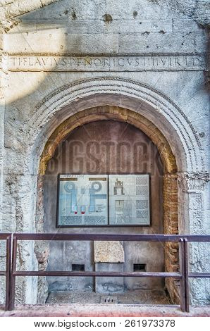 Verona, Italy - May 31: Facade Of The Ancient Roman Gate Called Porta Leoni, Verona, Italy, May 31,2