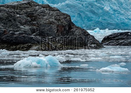 Iceburgs, Ice Chunks And Sea Stack Rock Formations In Aialik Bay By Aialik Glacier In Alaska Kenai F