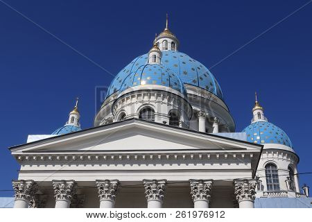 Facade With Blue Domes & Crosses. Trinity Izmailovsky Cathedral. Cathedral Of The Holy Life-giving T