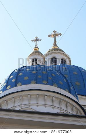 Two Blue Domes & Crosses. Trinity Izmailovsky Cathedral. Cathedral Of The Holy Life-giving Trinity O